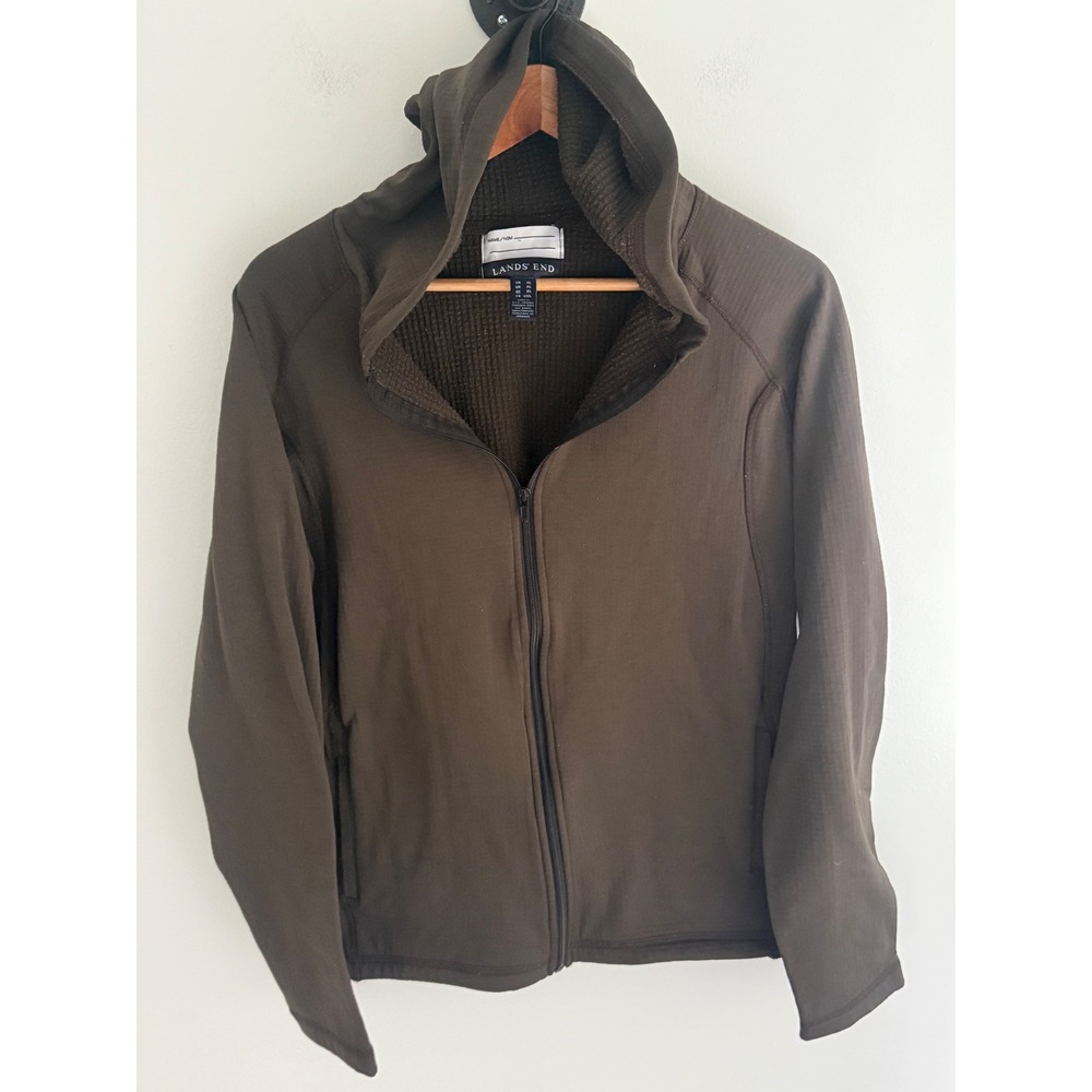 Lands End Brown Grid Fleece Full Zip Hoodie Jacket Womens XL 525381